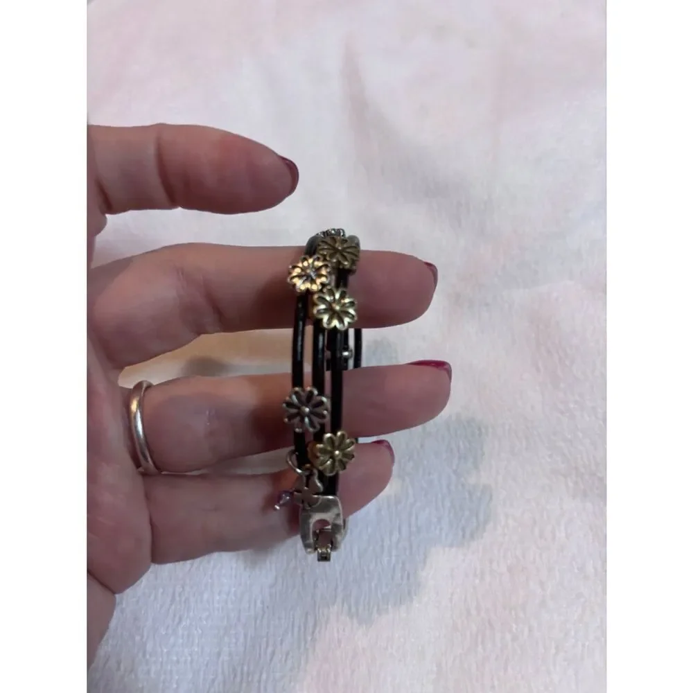 Anthropologie Brown Leather Multi-Row Bracelet with Gold & Silver Daisy Accents